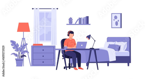 Man working from home on laptop, ideal for remote work, freelance, and work-life balance illustrations.