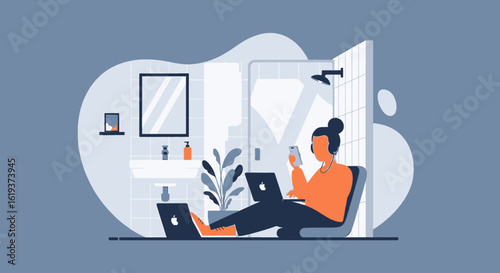Woman working remotely from her bathroom, using laptop and smartphone. Ideal for articles on remote work, work-life balance, or flexible workspaces.
