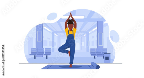Person practicing yoga in a modern building, perfect for wellness websites or brochures.