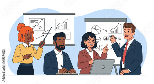 Diverse business team brainstorming ideas, perfect for presentations on teamwork and collaboration.