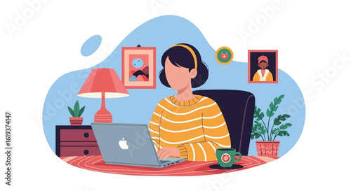 Woman working from home on laptop, perfect for remote work, freelance, and work-life balance websites and blog posts.