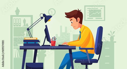 Focused businessman working at his desk, perfect for illustrating productivity or remote work concepts.