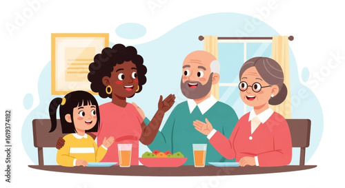 Happy multigenerational family enjoying a meal together at home. Perfect for websites, brochures, or family-themed projects.