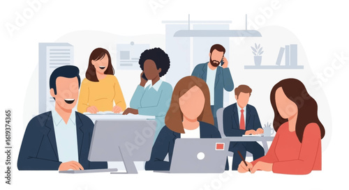 Diverse team of office workers collaborating, perfect for website banners or presentations on teamwork and productivity.