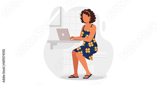 Woman working on laptop in bathroom, perfect for blog posts about remote work or flexible lifestyles.