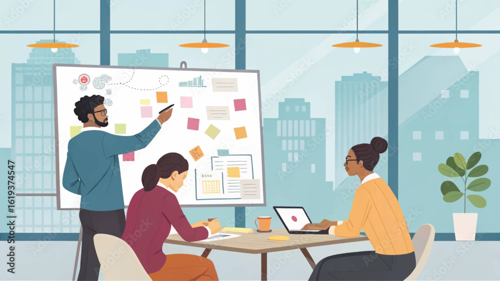 Obraz premium Diverse team brainstorming ideas on whiteboard in modern office, perfect for project management or teamwork landing page.