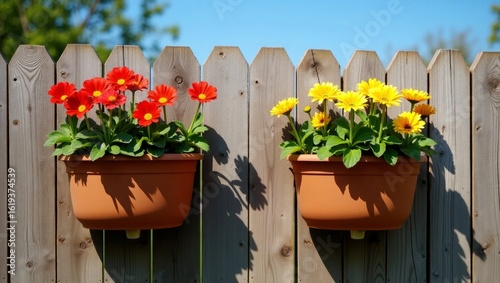 Hanging Flower Pots on Wooden Fence with Lush Greenery and Vibrant Flowers
