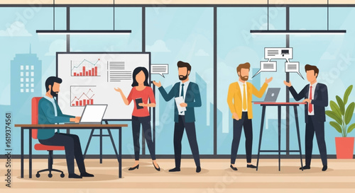 Business team brainstorming and working together in a modern office. Perfect for presentations, reports, and website banners.