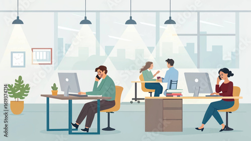 Modern office workers collaborating and working on computers. Ideal for business presentations, website banners, and marketing materials.