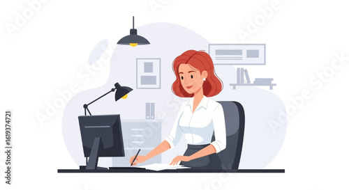 Happy businesswoman working at her desk, perfect for website banners or business brochures.