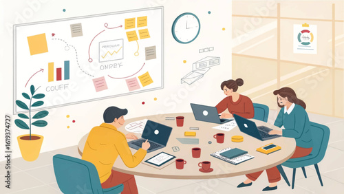 Teamwork in modern office: Diverse colleagues collaborating on project, perfect for website or presentation.