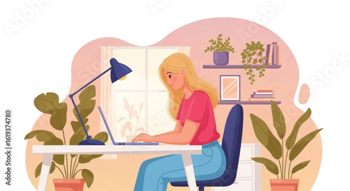 Young woman working from home on laptop, perfect for remote work, freelance, or home office illustrations.