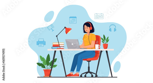 Young woman working from home at her desk, perfect for blog posts about remote work or productivity.