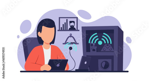 Woman working from home, using laptop and wireless devices. Perfect for blogs, websites, or articles about remote work, technology, or productivity.