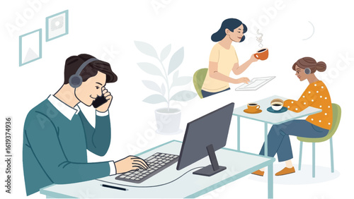 Modern co-working space illustration:  people working on computers and enjoying coffee breaks. Ideal for website banners, brochures, and marketing materials.