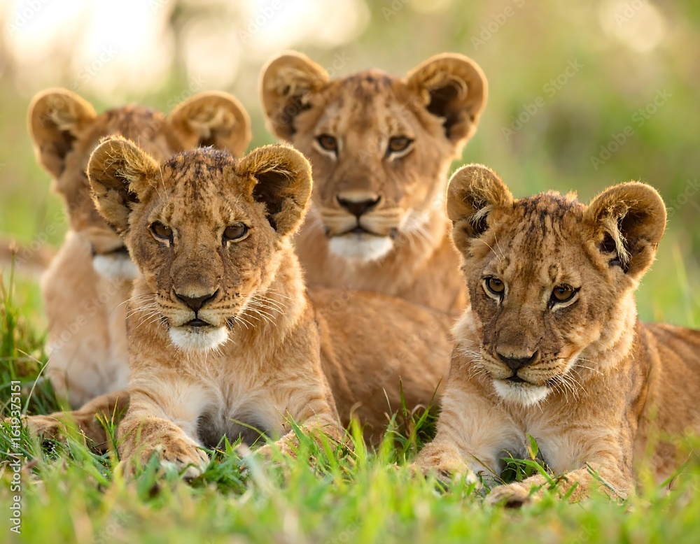 Obraz premium Four lion cubs resting in tall grass