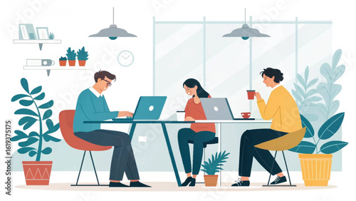 Teamwork in a modern office: Illustration perfect for websites, brochures, and presentations.