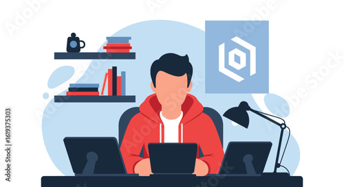 Person working from home at their desk with multiple laptops, perfect for illustrating remote work, productivity, or freelance concepts.