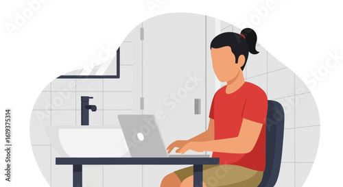 Person working on laptop in modern bathroom - perfect for blog posts about remote work, work-life balance, or flexible workspaces.