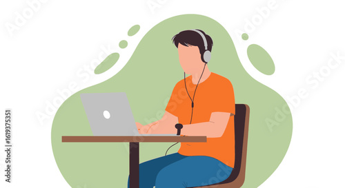 Man working on laptop with headphones, perfect for website banners or blog posts about remote work.