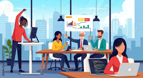 Diverse team collaborating in a modern office, perfect for website banners or business presentations.