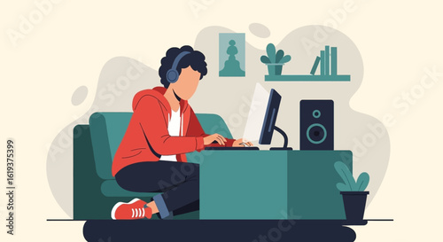 Young man working from home, wearing headphones, using a computer. Ideal for blogs, articles about remote work, or productivity.