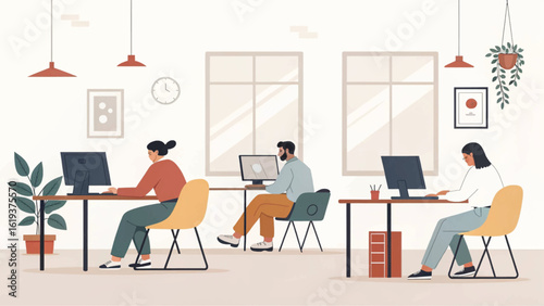 Modern co-working space illustration, ideal for website banners or brochures.
