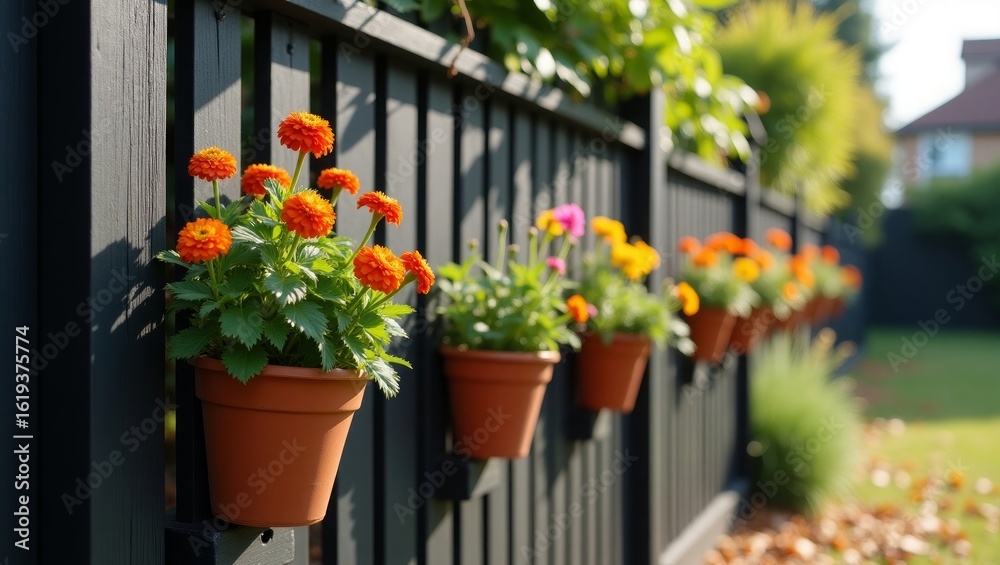 Fototapeta premium Colorful Hanging Flower Pots on Wooden Fence Surrounded by Green Plants