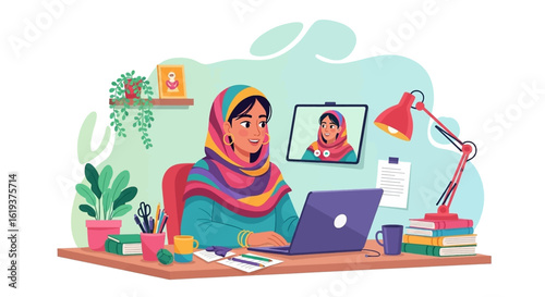 Happy woman in hijab video conferencing on laptop, perfect for remote work, communication, or technology websites.