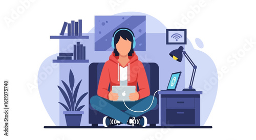 Person relaxing at home with tablet and headphones, perfect for website banners or blog posts about work-life balance.