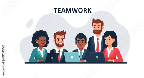 Diverse business team collaborating on laptops, perfect for teamwork, collaboration, and corporate presentations.