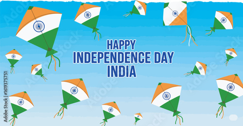 Indian Independence Day celebration depicted with numerous kites soaring against a bright blue sky.