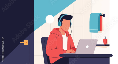 Young man working remotely from home, using laptop and headphones. Perfect for illustrating work from home concepts.