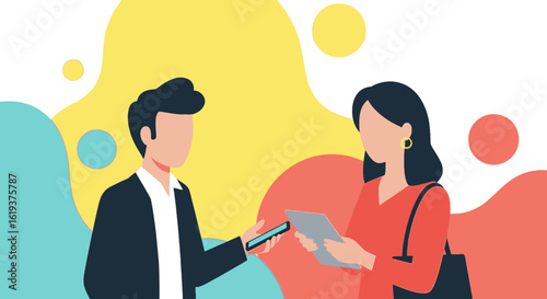 Modern illustration of two businesspeople exchanging information using a smartphone and tablet, ideal for websites and presentations.
