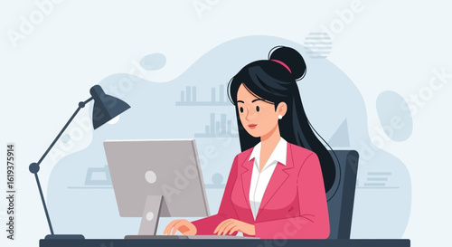 Businesswoman working on computer, perfect for website banners or marketing materials.
