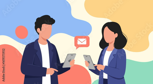 Two colleagues exchanging emails using smartphones, ideal for website banners or business presentations.