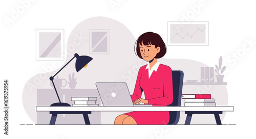 Young businesswoman working on laptop at her desk. Perfect for websites, blogs, and presentations on productivity, remote work, or entrepreneurship.