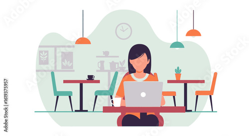 Woman working on laptop in cafe, perfect for blog posts about remote work or coffee shop culture.
