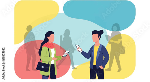 Two people using smartphones, sharing data or information. Ideal for app promotion or business communication materials.