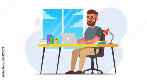 Happy man working on laptop at home office, perfect for website banners or blog posts about remote work.
