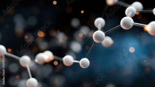 An abstract representation of a molecular structure with white spheres connected by rods against a dark blue background with bokeh, suggesting science or technology.