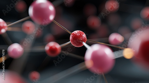 A network of red and pink spheres connected in a molecular structure, representing concepts like AI, nanotechnology, or scientific research in a microscopic view.