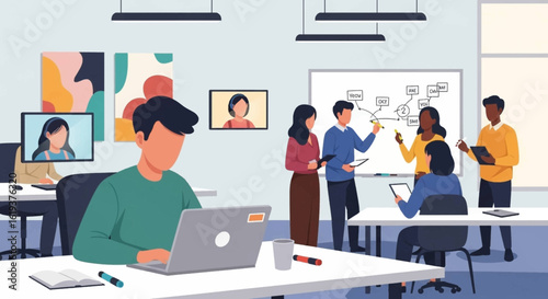 Diverse team brainstorming and collaborating in a modern office setting, perfect for presentations on teamwork and innovation.