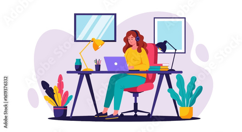 Young woman working from home on laptop, perfect for website banners or blog posts about remote work.