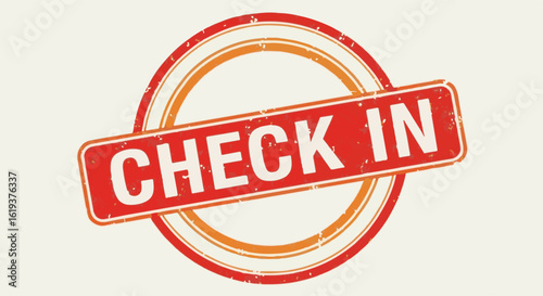 "CHECK IN" message in red rubber stamp with circular design