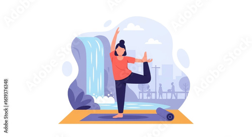 Woman practicing yoga outdoors near a waterfall - perfect for wellness websites or brochures.