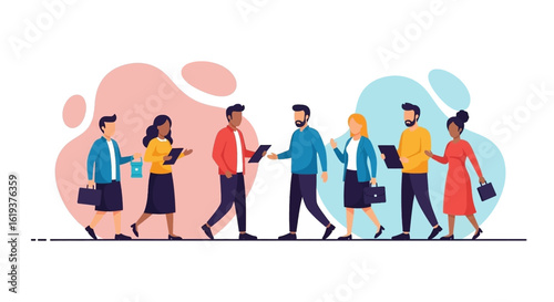Diverse group of business professionals walking and talking, ideal for website banners, presentations, and brochures.