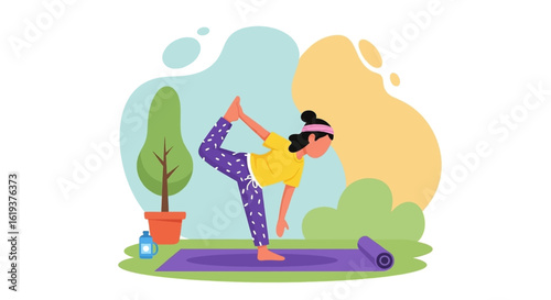 Woman doing yoga outdoors in a park, perfect for wellness websites or brochures.