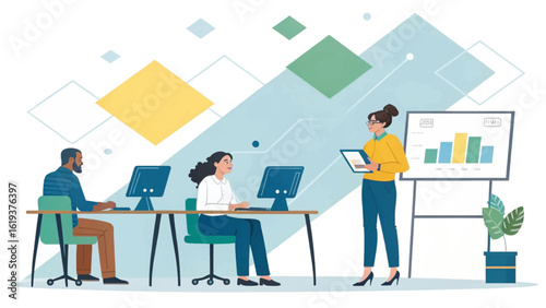 Diverse team collaborating on project, presenting data, growth chart, modern office workspace, suitable for website landing page or business brochure.