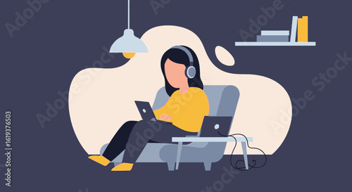 Woman working from home on laptop, wearing headphones. Perfect for remote work, freelance, or online learning websites and brochures.